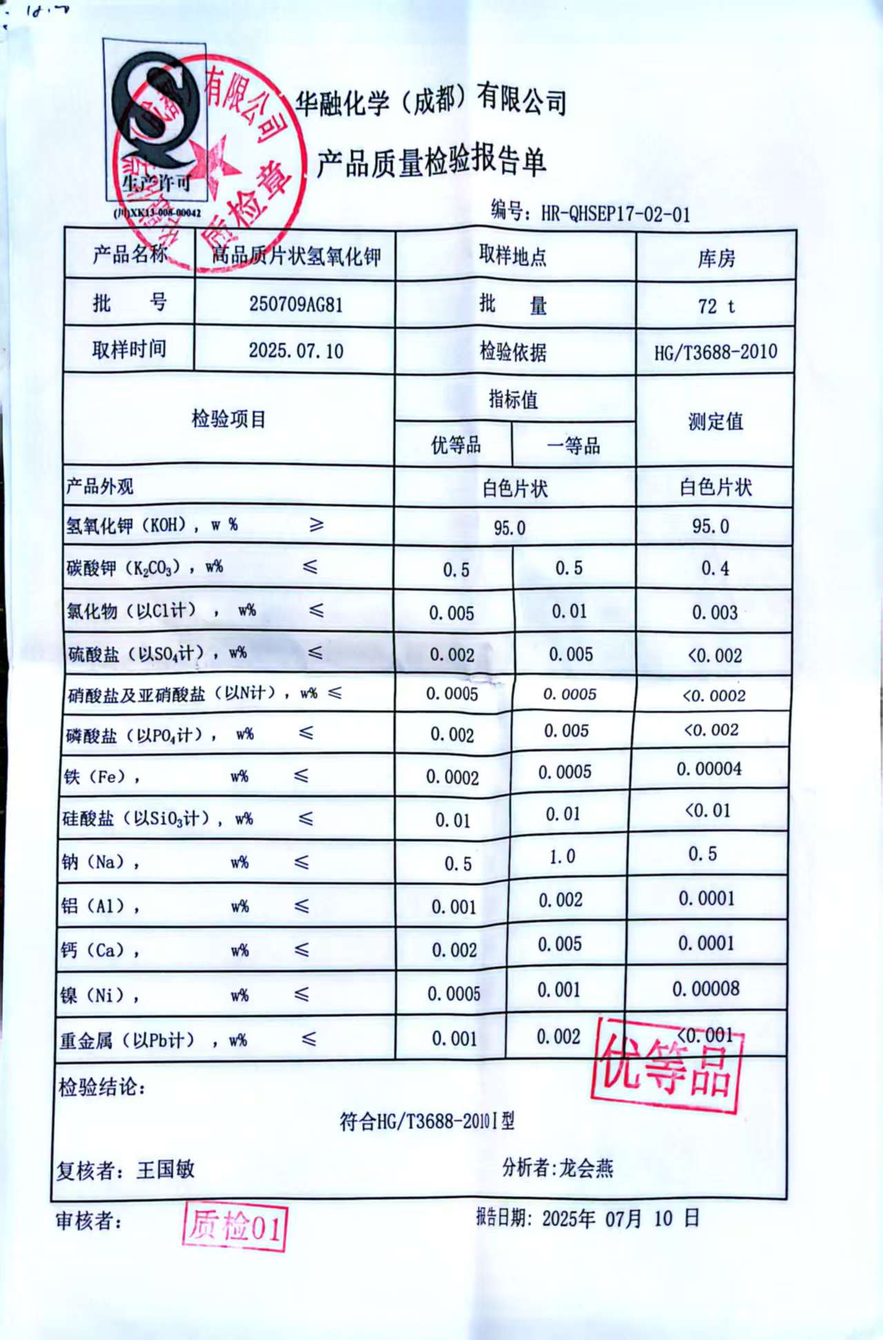 华融氢氧化钾检测报告